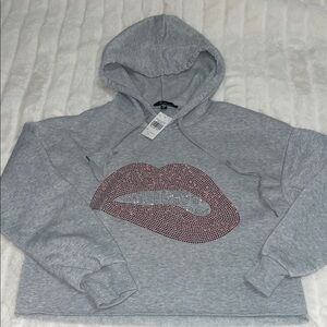 Rainbow Gray Hoodie with Pink and Silver Lip Graphic
